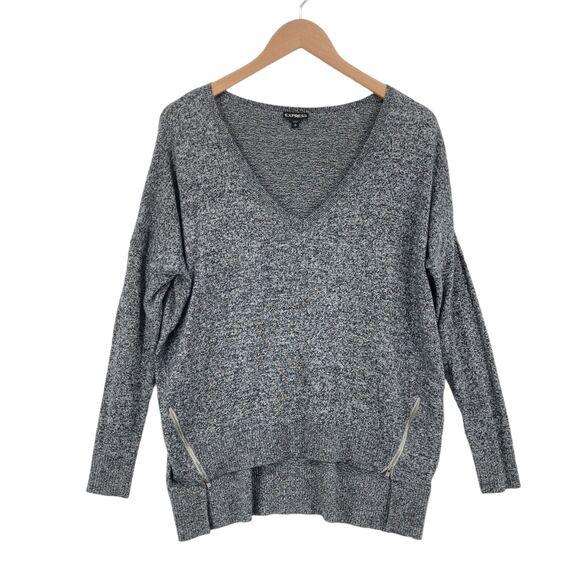 Express Women Gray Knit Cotton V-Neck Zipper Slit Hi-Low Pullover Sweater Size S - Picture 1 of 13